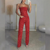 Ensemble deux pièces en jean à sequins MY319, débardeur corset sans bretelles sexy pour femmes, tenue de soirée d'été, club, pantalon droit