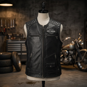 Gilet moto H-D pour homme en cuir véritable, coupe-vent, imperméable, respirant, avec logo brodé au dos, noir uni, col en V - Product Image 3