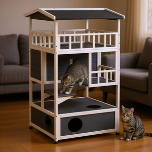 Villa pour chat en bois massif à 4 étages avec espace pour litière, condo multi-niveaux pour chat, meubles pour animaux de compagnie - Product Image 2