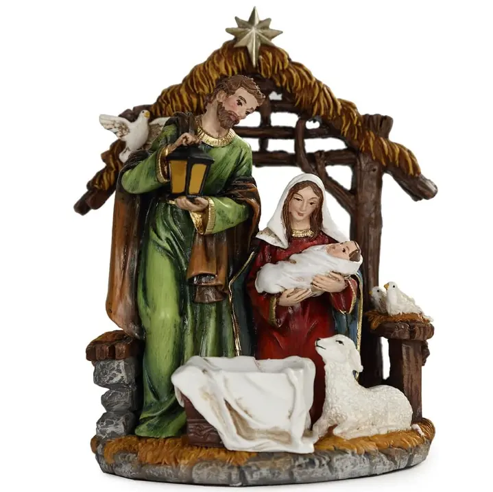 樹脂イエスの両親と赤ちゃんイエスの誕生子羊の鳥の木製の小屋の像
