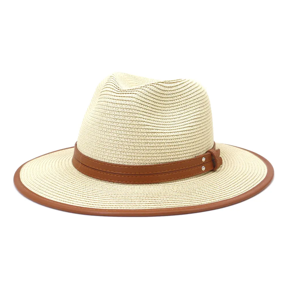 Nouvelle mode hommes femmes unisexe ceinture en cuir noir large bord papier paille Panama chapeau soleil chapeau plage Fedora Jazz chapeau