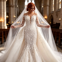 Robe de mariée sirène moderne et ajustée pour femme, taille naturelle, longue, traîne chapelle, appliques en dentelle