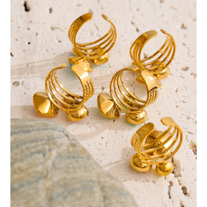 JINYOU 7548 Anello Alla Moda in <span class=keywords><strong>Acciaio</strong></span> <span class=keywords><strong>Inossidabile</strong></span> Placcato Oro, <span class=keywords><strong>Anelli</strong></span> Aperti Regolabili con Cristalli Multistrato e Design Geometrico - Product Image 2