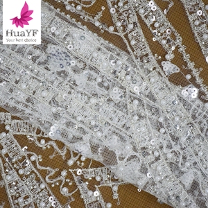 HY2080 tela de encaje de tul bordado elegante con cuentas blancas africanas malla austriaca de gama alta para vestido de fiesta de boda - Product Image 4