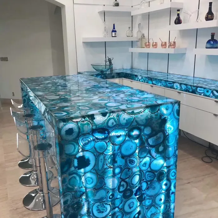 Blue Agate Table Top Unique Semi-Precious Stone Slab Coffee Tables Side Dining Table transparent stone light-permeable