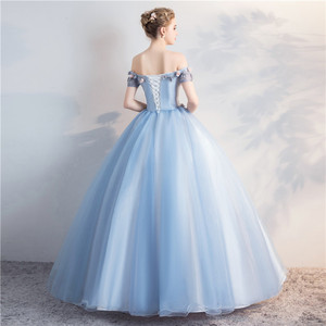 Off The Shoulder Tulle Evening Gown Long Skirt Stage Performance Dress Women Blue Gray Solid Color Polyester Fiber - Product Image 4