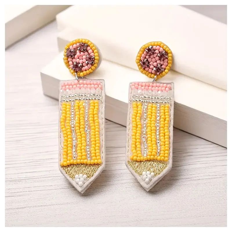 Creative Statement Jewelry Colorful Seed Beaded Pencil Shape Student Teacher School Dangle Earrings for Women Girls
