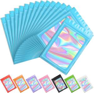 Sachet d'emballage alimentaire holographique rose transparent refermable avec fenêtre transparente, personnalisable et anti-odeur - Product Image 3