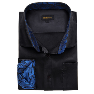 <span class=keywords><strong>Camicia</strong></span> da <span class=keywords><strong>uomo</strong></span> in <span class=keywords><strong>raso</strong></span> nero tinta unita con perline, colletto e polsini blu paisley, elegante casual, a maniche lunghe. - Product Image 4