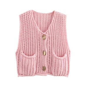 Gilet en tricot uni boutonné pour femme, col en V, sans manches, pull décontracté tendance printemps-automne - Product Image 2
