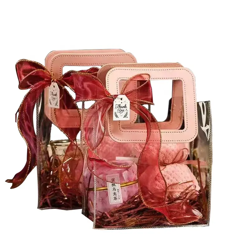 Lusso ins Logo personalizzato colore manico trasparente borsa da sposa imballaggio caramelle con nastro di seta