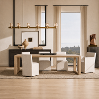 Ensemble de table à manger rectangulaire de style moderne du milieu du siècle, avec pieds angulaires spectaculaires et chaises en tissu, pour les designers d'intérieur