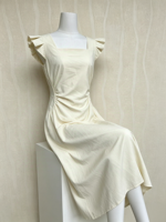 Robe d'été longue sans manches coupe trapèze respirante col carré décontractée élégante à volants unie naturelle