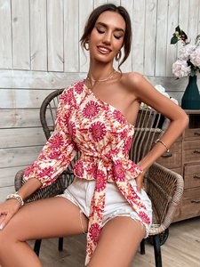2026 Sexy Casual <span class=keywords><strong>Mandala</strong></span> estampado un <span class=keywords><strong>hombro</strong></span> linterna manga volante dobladillo Blusa con cinturón Top <span class=keywords><strong>mujer</strong></span> señora camiseta - Product Image 4