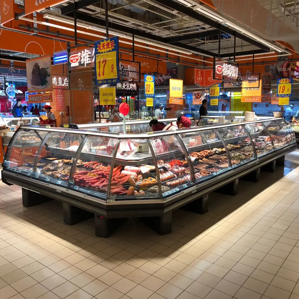 Remote Service Counter Kühlgeräte Kühlschrank für Supermarkt für Fleisch mit gebogenem Glas mit Schiebe front