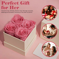 Boîte cadeau de 4 roses éternelles préservées - Roses véritables durables pour Noël et la Saint-Valentin Rose