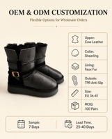 Bottes d'hiver imperméables en cuir noir pour femmes, doublées de fourrure, avec sangle à boucle, plateforme, semelle antidérapante, mi-mollet
