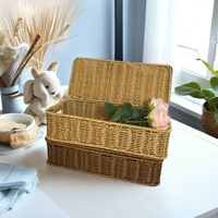 Boîte de rangement rectangulaire en plastique de style nordique pour bureau, organisateur étroit de chevet avec couvercle pour objets divers et bijoux, tressée à la main