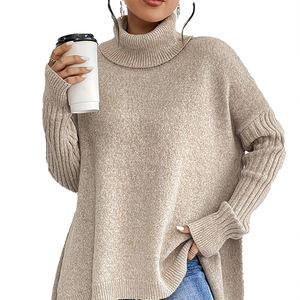 Pull long en tricot épais à col roulé, à épaules tombantes, décontracté et tendance pour l'hiver, couleur unie, pour femmes - Product Image 1