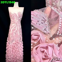Kain Tulle Prancis Mawar Merah Muda Berkualitas Tinggi dengan Bordir Bunga 3D, Payet, dan Manik-manik untuk Gaun Pesta Pernikahan Vintage Gaya Seksi