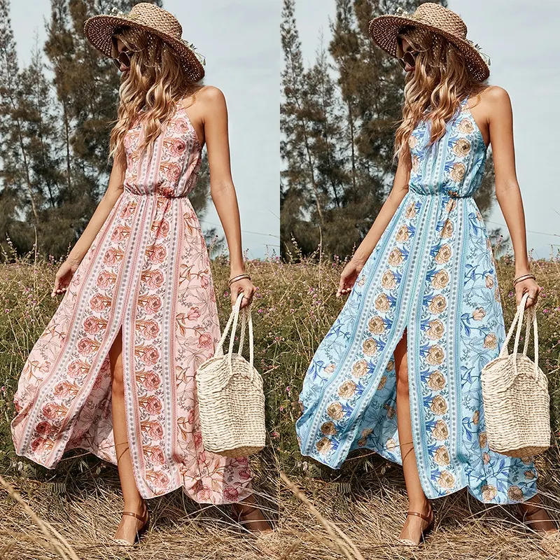 Slip Backless Boho Beach Dress Ladies Halter V-neck Floral Printing Floor Length Bohemian Casual Sun Dresses For Women