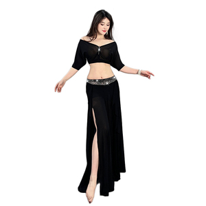 2024 Newest Sexy Deep V-neck tank Top Short Sleeve With High <strong>Split</strong> <strong>Skirt</strong> for Oriental Belly Dance Training Costumes Set - Product Image 2