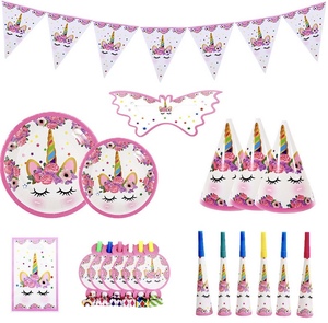 Nouveau dessin animé fleur licorne vaisselle pour les fêtes de la fête des pères des enfants pour <span class=keywords><strong>Amazon</strong></span> Graduation assiettes en papier tirer drapeau nappe - Product Image 5