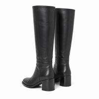 Bottes en cuir noir sur mesure pour femmes, hauteur genou, bout carré, talon bloc, style équestre, petite quantité minimale de commande, vente en gros, usine de chaussures OEM
