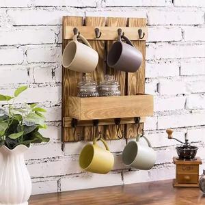 Bandeja de pared de madera quemada estilo retro, soporte para tazas de café, estante de almacenamiento montado en la pared con 8 ganchos para accesorios de cocina - Product Image 1