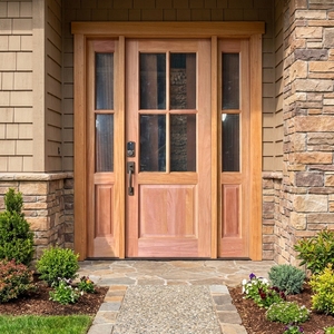Porte d'entrée en bois massif American Craftsman avec 4 panneaux vitrés, 2 panneaux latéraux vitrés et serrure intelligente - Product Image 3