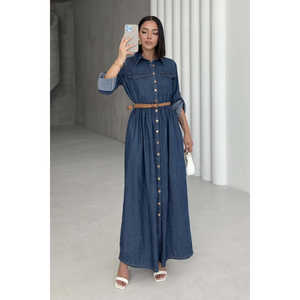 เดรสเชิ้ตยีนส์ทรงยาวดีไซน์หรูหรา พร้อมปกเสื้อพับลงและดีไซน์ผ่าข้างสำหรับผู้หญิง - Product Image 4