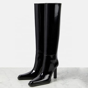 Bottines longues à effet miroir pour femmes, bottes hautes noires brillantes, chaussures à bout pointu, petits talons épais, design unique - Product Image 1
