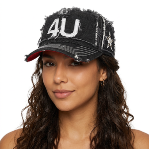 Gorra de Béisbol Negra Ajustable Estilo Urbano Unisex con Logo 4U y Estrella de Diamantes de Imitación, Diseño Desgastado - Product Image 2