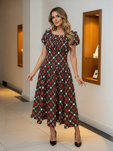 Nuovo Abito Estivo da Donna Vintage a Mezza Lunghezza con Scollo Quadrato, Motivo a Rombi Rossi e Verdi, Bordo Arricciato e Vita Stretta, Ampia Gonna a Ruota - Product Image 1