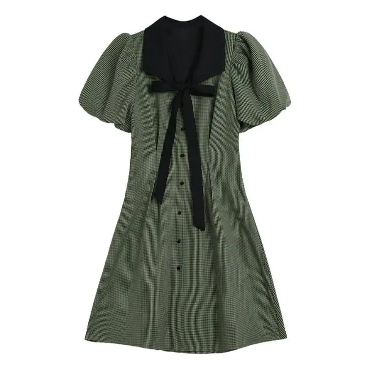 Fashion Casual Simple Bow Tie Neck Green Striped Vintage Robe Button Up Elegant Dresses For Women Summer Plaid Dress