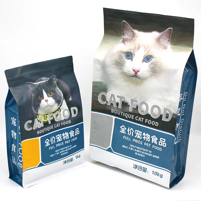 개 사료 가방 공급 업체 OEM 맞춤형 로고 플라스틱 평면 바닥 측면 마셋 애완 동물 고양이 사료 가방 및 개 사료 포장 가방