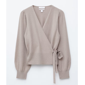 Women's New Design 100% Merino Wool Knit Sweater <strong>Jumper</strong> V-neck <strong>Wrap</strong> Cardigan Sweater With Long Puff Sleeves - Product Image 2
