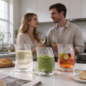 Bicchiere da whisky curvo e inclinato con base pesante, tumbler a coste martellate per cocktail, bibite e caffè ghiacciato - Product Image 3