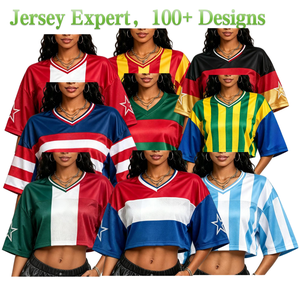 <span class=keywords><strong>Maillot</strong></span> de football oversize personnalisé avec logo et couleurs du drapeau, crop top sexy pour <span class=keywords><strong>femme</strong></span>, coupe ample à épaules tombantes, T-shirt sexy pour supporter de l'équipe, Coupe du Monde 2026 - Product Image 1