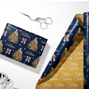 Papel de regalo navideño con estampado dorado de doble cara, rojo y azul, con diseño de campanas y árboles de Navidad, estilo novedoso para Navidad. - Product Image 2