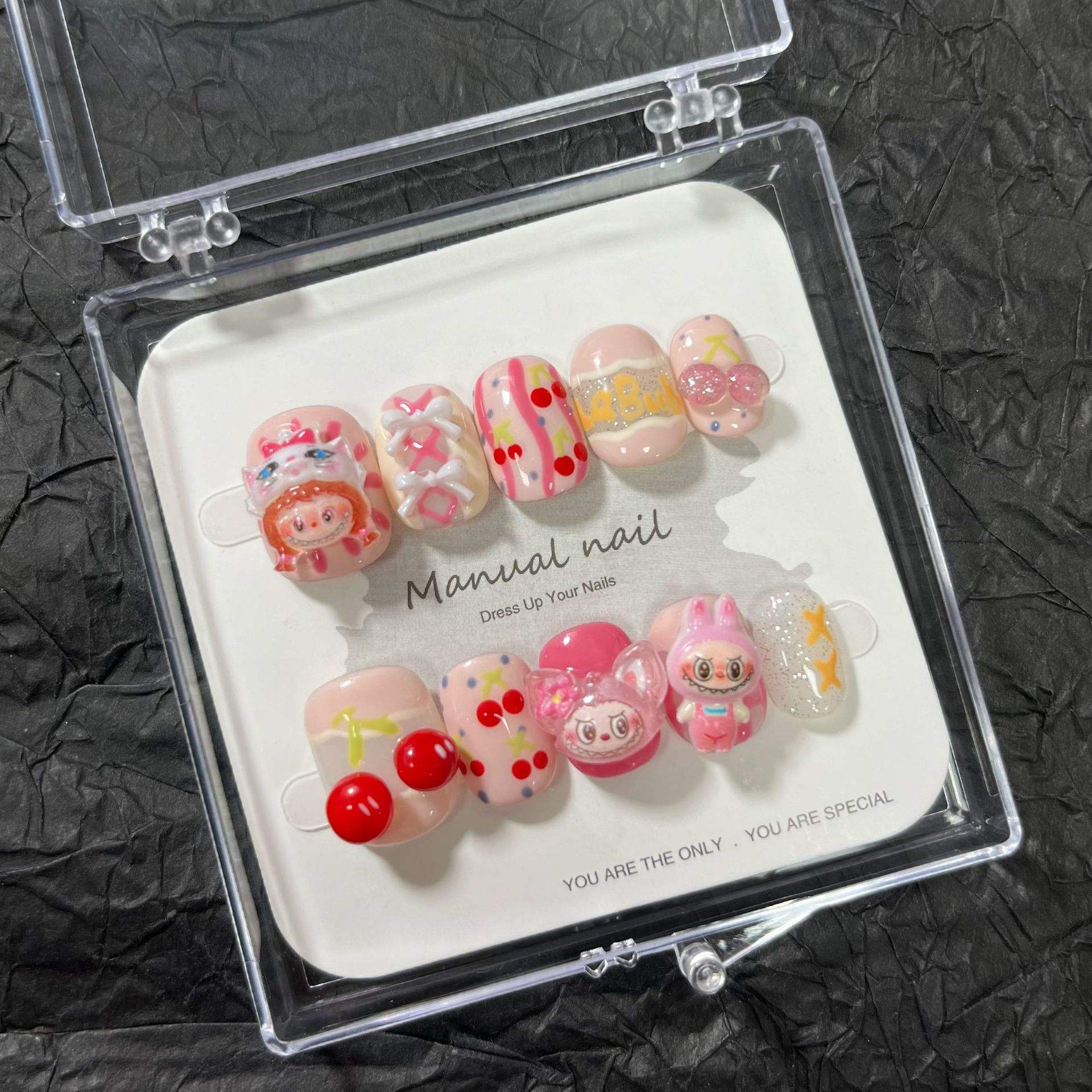 Popular Hot Sale False Fingernails Cartoon Kawaii Short Square Round Labubu Handmade Luxury Press on Nails for Glirls Nail Art