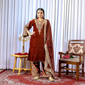 Women's Viscose Velvet Woven Embroidered Long <b>Top</b> Kurta Palazzo Set <b>Sequin</b> Beaded Dupatta Heavyweight Party Wear - Product Image 1
