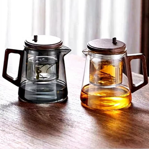 Théière Minimaliste pour la Maison, Nouveau Modèle, Bois de Noyer, Doublure Intérieure en Verre, Poignée à Un Bouton, Théière en Verre, Théière Flottante - Product Image 1