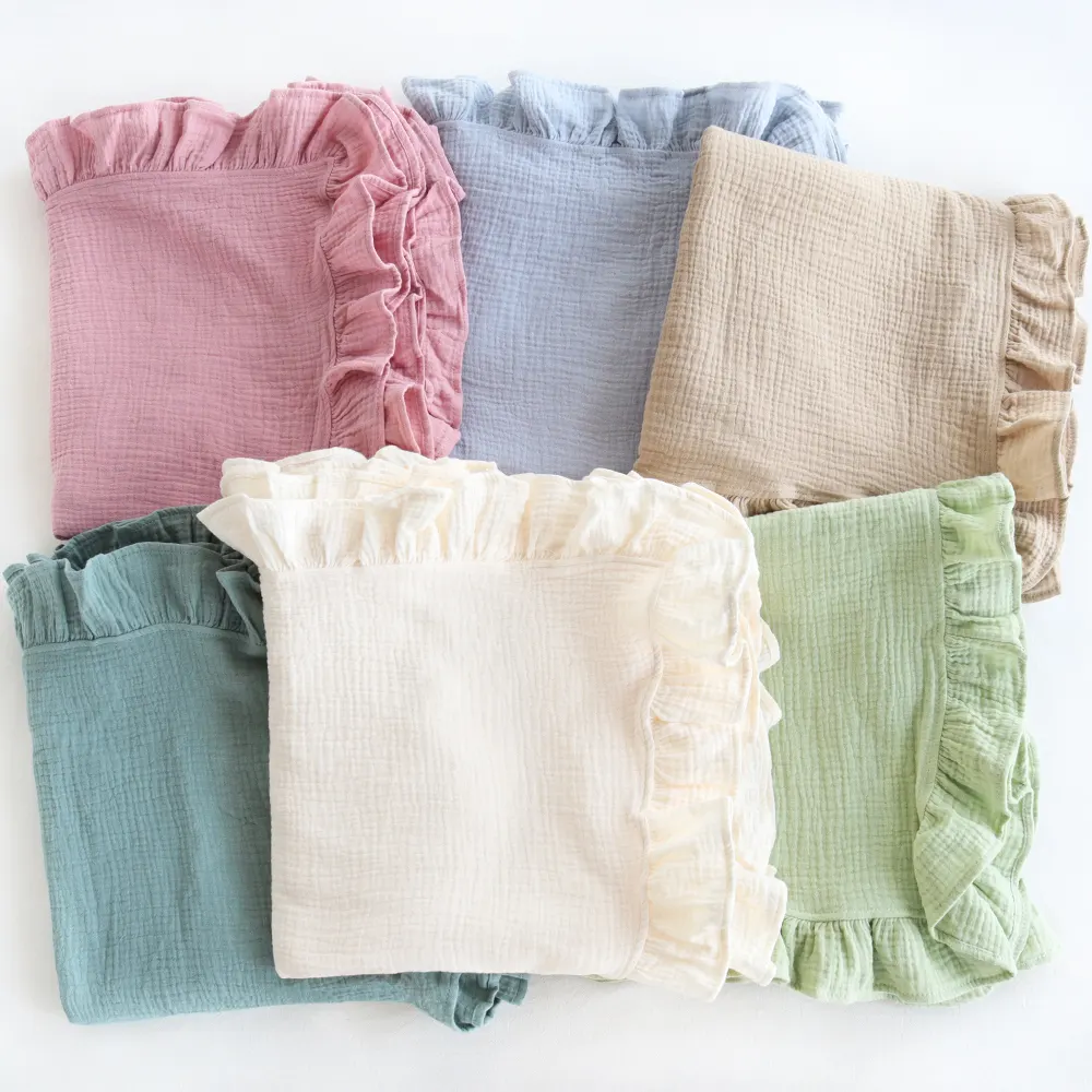 2024 New Ruffle Swaddle Blanket Set 400TC Gauze Cotton 110*110cm Plain Natural Style with Baby Blankets and Ruffles