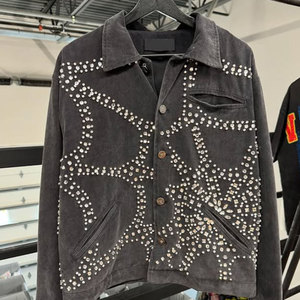 Camicia da <span class=keywords><strong>uomo</strong></span> vintage effetto sbiadito con <span class=keywords><strong>collo</strong></span> a revers, a quadri, a maniche lunghe in flanella con borchie in strass, stile streetwear - Product Image 4