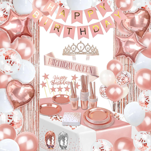 Kit de Décorations Joyeux Anniversaire Or Rose avec Support à Ballons, Vaisselle, Nappe, Bannière, Rideau à Pompons et Ballons - Product Image 1
