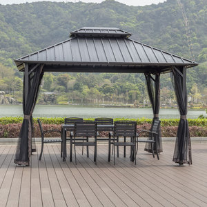 Gazebo de doble tapa dura de 12x12 pies con mosquitera y cortina <span class=keywords><strong>para</strong></span> jardín, patio, terraza, fiesta, cubierta, gris - Product Image 4