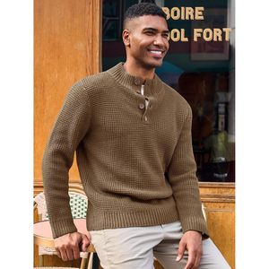 2025 hombres Waffle tejido cuarto botón suéter cuello alto Casual Henley estilo navideño para invierno patrón - Product Image 4