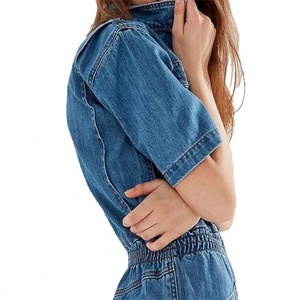 จั๊มสูทลำลองแขนสั้นผ้ายีนส์สีน้ำเงินสำหรับผู้หญิง สวมใส่ทำงานได้ เอวยางยืด ติดซิป จั๊มสูทขายาวสำหรับสุภาพสตรี - Product Image 5