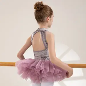 2024 New Trendy Ready To Ship Wholesales Good Quality Open Back Diamond Velvet Dance Training Ballet Tutu Dress For Girls